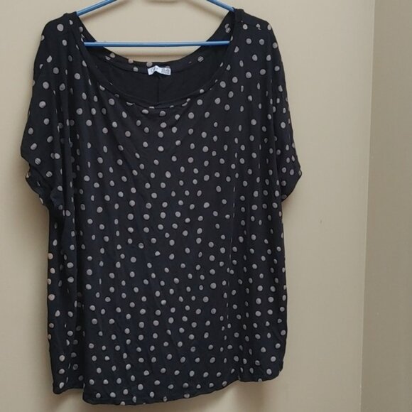 DEX plus size 2x black with tan polka dots short sleeve shirt top blouse - Picture 1 of 5